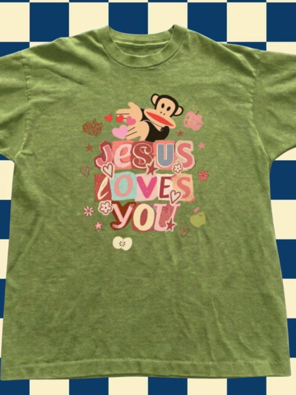 Green Y2K Paul Frank Style Jesus Loves You Graphic Tee